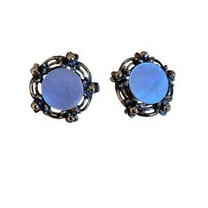 Vintage Clip-On Earrings With White Sea shell  Faux Gemstones & Ornate Metal Des